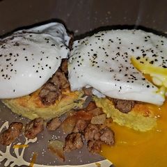 A picture of Low-carb Almond Flour Bread with Poached eggs & Turkey Sausage.