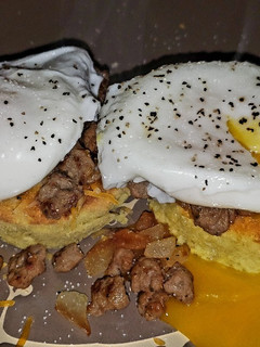 A picture of Low-carb Almond Flour Bread with Poached eggs & Turkey Sausage.