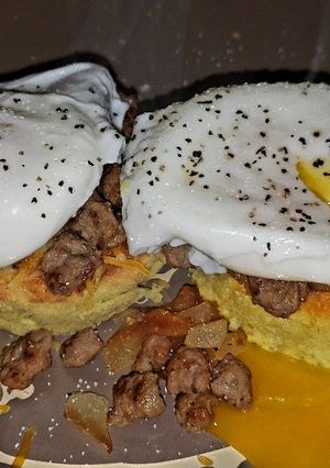 A picture of Low-carb Almond Flour Bread with Poached eggs & Turkey Sausage.