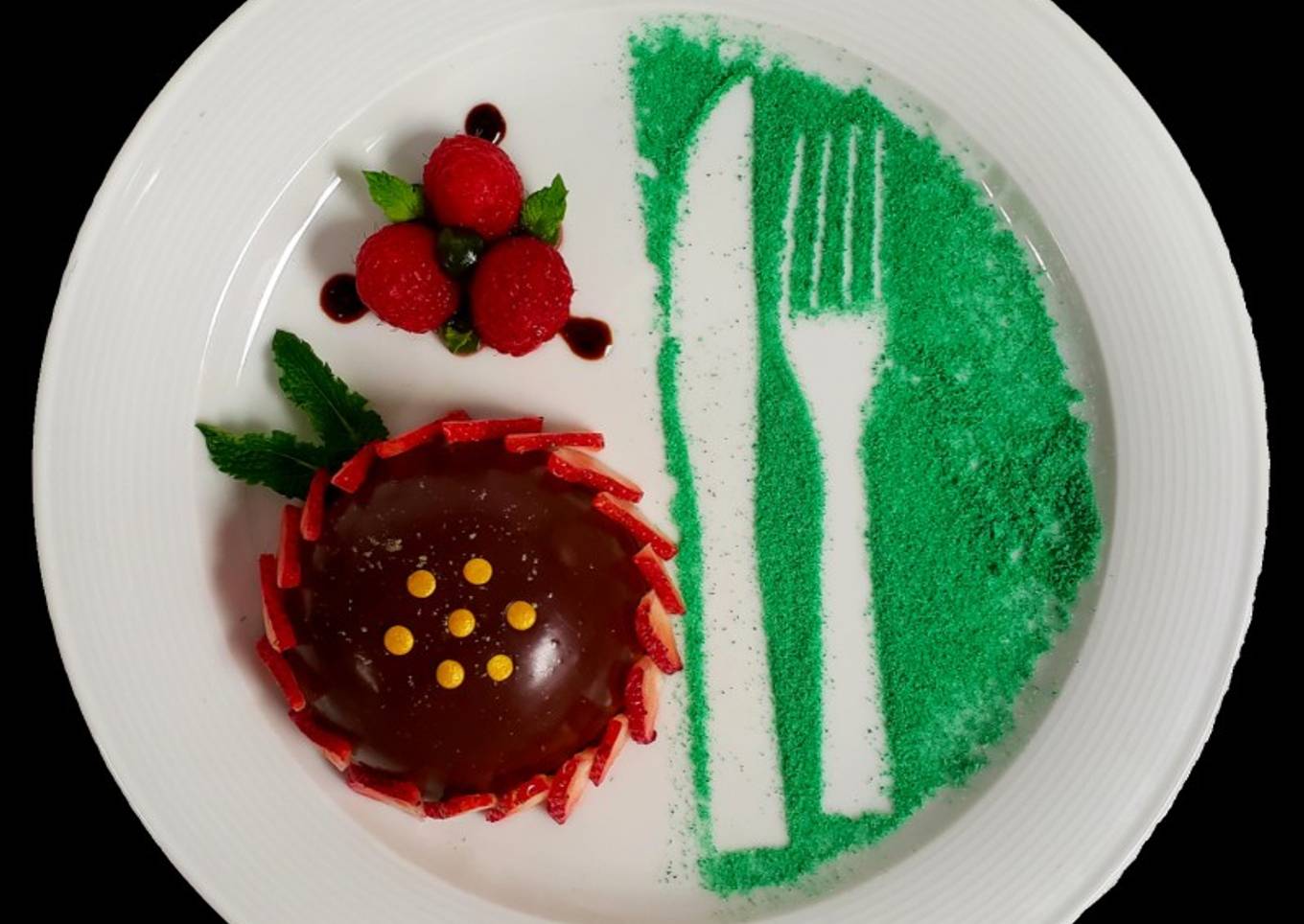 Choco Glazed Thandai Mousse with Raspberry Compote & Prune Sauce