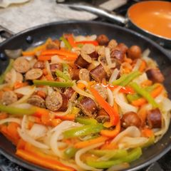 A picture of Italian Sausage and Peppers.