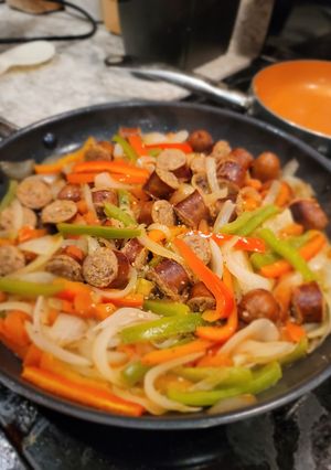 A picture of Italian Sausage and Peppers.