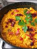 Arroz con secreto setas y jamón, chorizo deshidratado