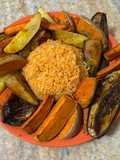Arroz amarillo con verduras asadas