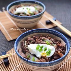 A picture of Gyudon with Poached Eggs.
