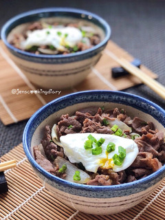 A picture of Gyudon with Poached Eggs.