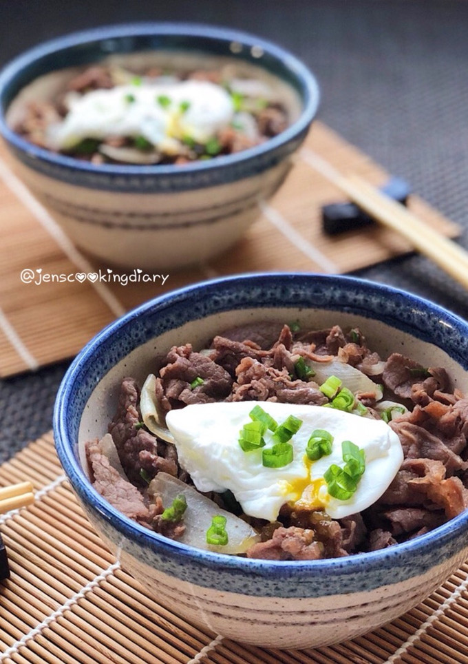A picture of Gyudon with Poached Eggs.