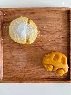 Hình của món Bữa phụ chiều - flan bí đỏ phomai - bánh nếp bí đỏ phomai.