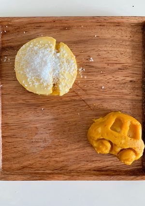 Hình của món Bữa phụ chiều - flan bí đỏ phomai - bánh nếp bí đỏ phomai.