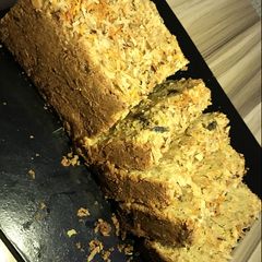A picture of The BEST ever Banana, carrot, raisin and coconut bread.