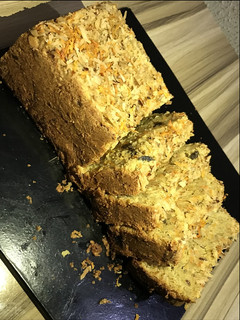 A picture of The BEST ever Banana, carrot, raisin and coconut bread.