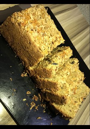 A picture of The BEST ever Banana, carrot, raisin and coconut bread.