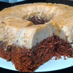 A picture of Chocolate and Coconut Flan Cake.
