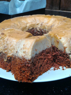 A picture of Chocolate and Coconut Flan Cake.