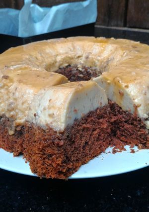 A picture of Chocolate and Coconut Flan Cake.