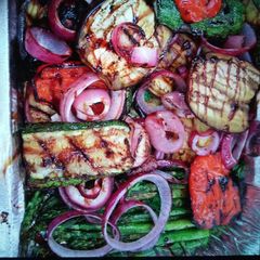 A picture of Grilled vegetables with infused Olive Oil and Balsamic glaze.
