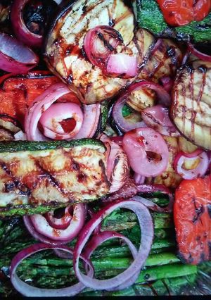 A picture of Grilled vegetables with infused Olive Oil and Balsamic glaze.