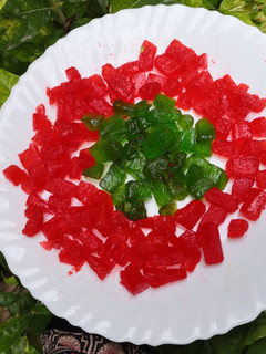 A picture of Tutti frutti made from water melon peels/rind.
