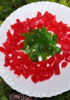 A picture of Tutti frutti made from water melon peels/rind.
