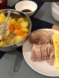 Dinner: Boiled Pork. Fried Eggs. Carrot, Potato, and Ground Pork Soup