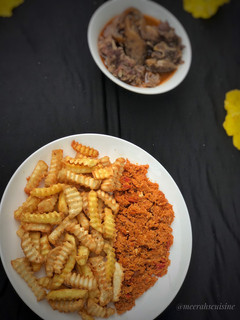 A picture of Crinkle fried sweet potatoes and egg sauce.