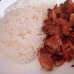 A picture of Sweet n sour pork with Rice.
