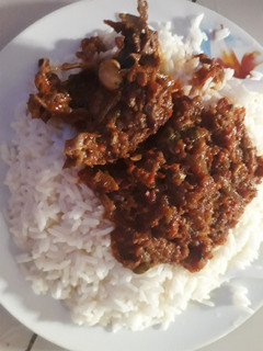 A picture of Rice with peppered stew.