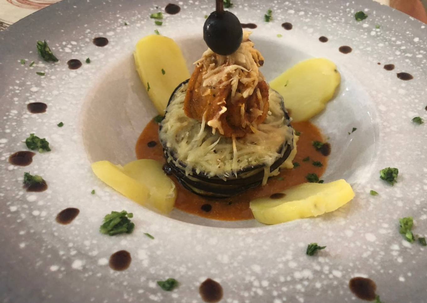 Milhojas filete y berenjena