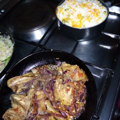 A picture of Chicken, boiled rice and steamed cabbage.