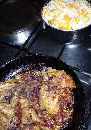 A picture of Chicken, boiled rice and steamed cabbage.