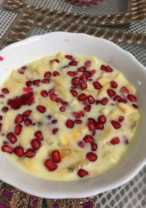 A picture of #janmastmi mix fruit custard.