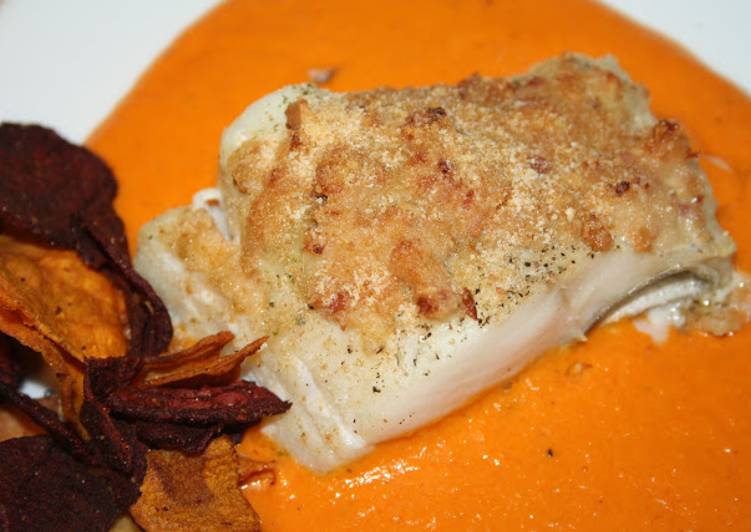 Bacalao con costra y salsa de piquillos