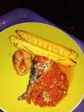 Oven grilled Boli, fried fish and pepper stew