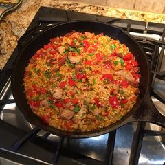 A picture of Chorizo and Chicken Paella.