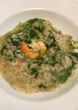 A picture of Shrimp Risotto with Tuscan Kale Pesto.