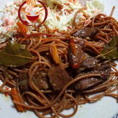 A picture of Fried spaghetti/Brown spaghetti.