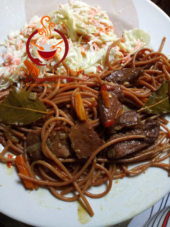 A picture of Fried spaghetti/Brown spaghetti.