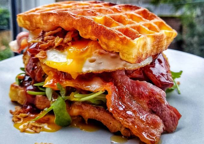 Southern Chicken Waffle Burger With Egg & Maple Glazed Bacon