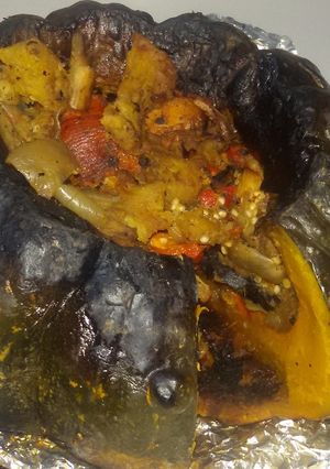 Una foto de Zapallo relleno vegetariano a la parrilla