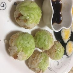 Cucumber- Chicken Temari sushi A picture of Cucumber- Chicken Temari sushi.