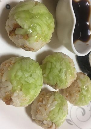 A picture of Cucumber- Chicken Temari sushi.