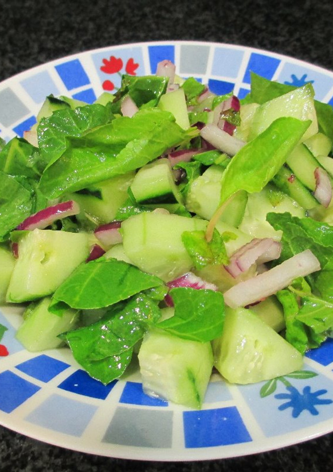 Una foto de Ensalada de pepinos con cebolla morada a la menta- diabetes
