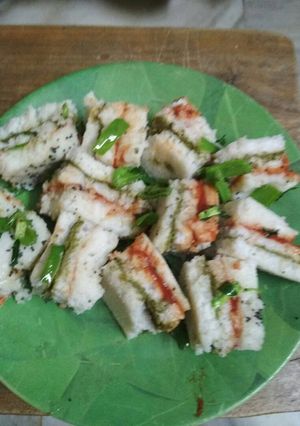 A picture of Tricolour dhokla sandwich.