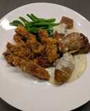 Pork Schnitzels with Bleu cheese sauce, hasselback potatoes and haricot verts