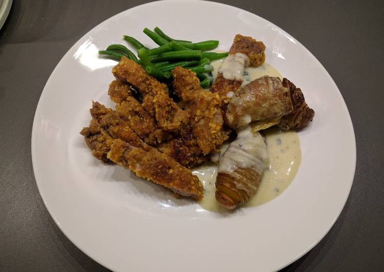 Recipe of Favorite Pork Schnitzels with Bleu cheese sauce, hasselback potatoes and haricot verts