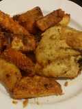 Boniatos y Papas rebozados, al horno con pollo (apto hipertensos)