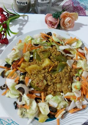 A picture of Salad 🥗 with Qeema Shimla Aloo 😋👍.