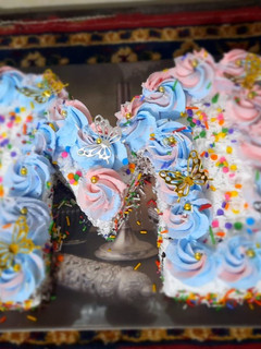 A picture of M-shaped Vanilla cake inside chocolate sponge.