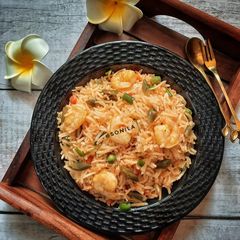 A picture of Prawn veggies Schezwan fried rice.