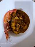 Fumet de gambas con mero y patatas
